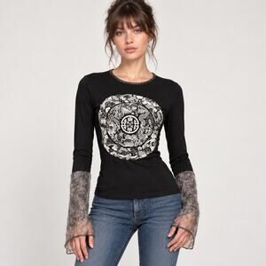 Y2K Lisa & Julie Paris Black Dragon Bell Sleeve Top Made France Sz 1 Small -